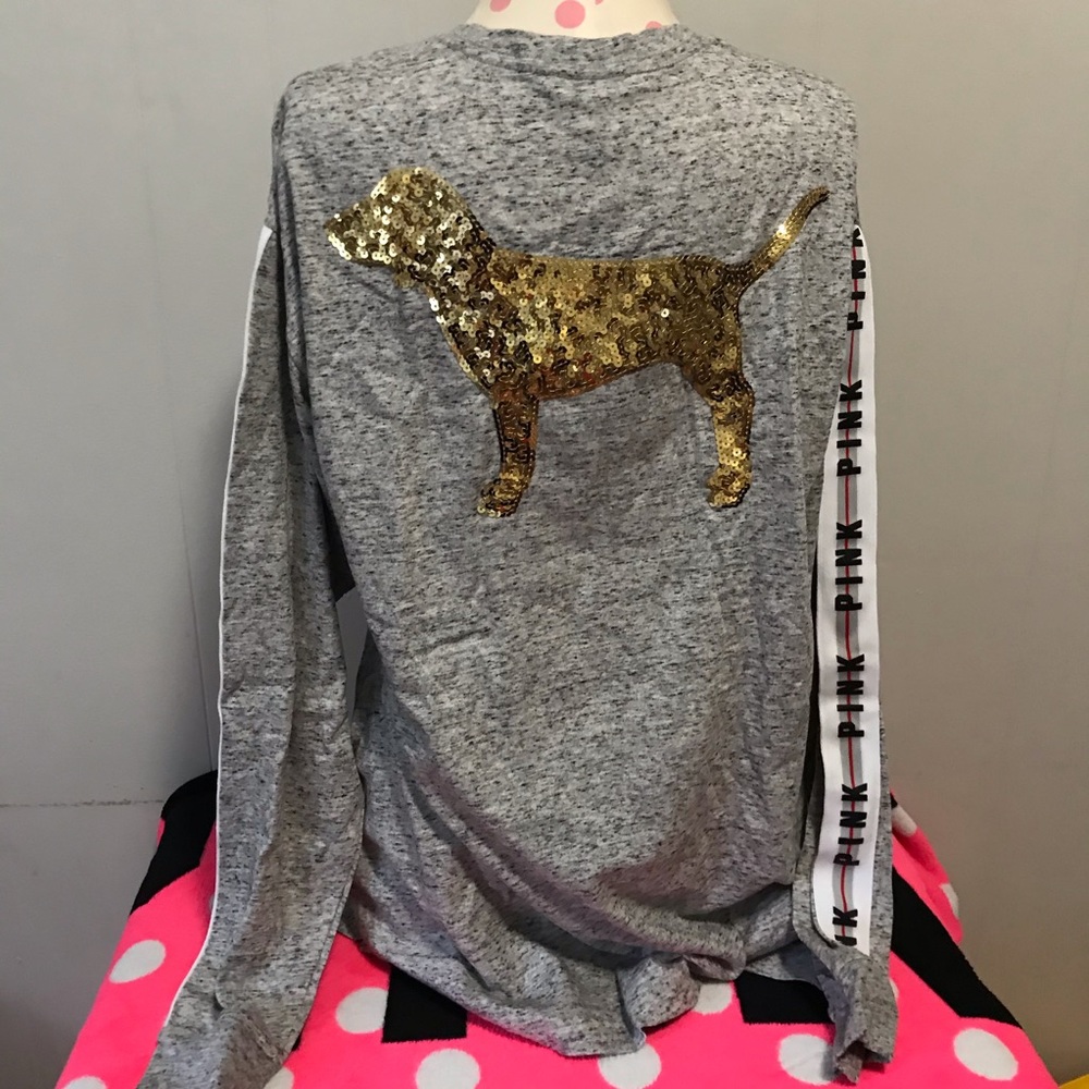 🚨FINAL PRICE💕VS PINK GREY GOLD BLING SIDESTRIPE CAMPUS TEE - Picture 3 of 8